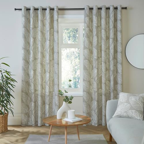Fusion - Natural Leaf Curtains W46 x L54 (117 x 137cm) - 2x Panels - 100% Cotton - Natural Eyelet Curtains with Leaves Print - Tropical Leaves Curtains and Drapes in Natural Linen - Matteo Collection