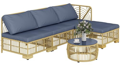 Outsunny Salotto in Rattan per Esterno da 5 Pezzi, Salottino da Giardino con Divano Modulabile, Cuscini e Tavolino da Caffè con Vetro, Grigio