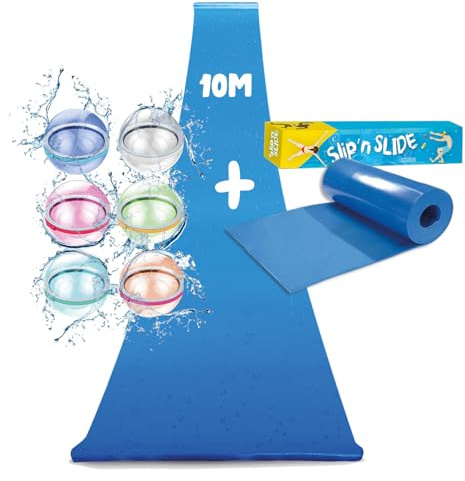 Pack Ventriglisse Géant XXL | 1 Tapis de Glisse 10 Mètres + 6 Bombes à Eau Rechargeables en Silicone | Slip'n Slide | Jeu d'eau Plein Air Insolite et 100% Fun | OriginalCorner