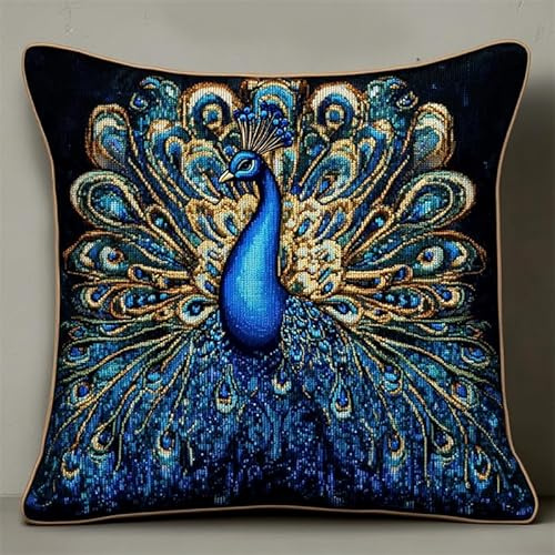Kreuzstich Kissen Set Vorgedruckt, Wunderschöner blauer Pfau Handstickerei Nähkissenbezug 45X45cm Stickpackung Stickset Kreuzstich Kissen zum Basteln Stickkissen Stickpackung