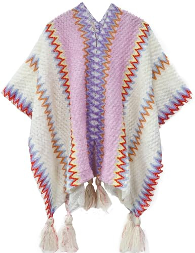 Miaikvs Poncho à rayures colorées vintage style ethnique pour femme - Châle en tricot - Cardigan ouvert sur le devant pour femme(Lune Blanc 1)