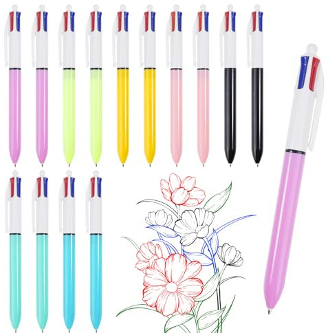 Lot de 14 Stylo à Bille Rétractable 4 Couleurs en 1, Stylos Multicolores 1,0 mm Stylo à Bille Roulante, Stylos à Encre Multicolore pour Fournitures Scolaires, Cadeau Enfant (noir, bleu, rouge, vert)