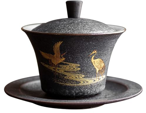 Cuenco de cerámica Retro con Tapa, grullas, Taza de té Gaiwan, Juego de té Chino de Kung fu, Cuencos de cerámica Gruesa Anti-Calor Hechos a Mano