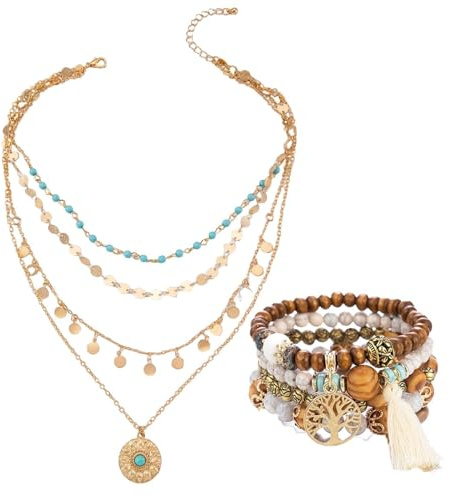 Juego de 2 joyas bohemias para mujer, collar y pulsera multicapa, perlas de turquesa, moda diaria y festiva, cadena de 37,5 cm, pulsera de 6,5 cm