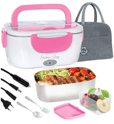 Generico Scaldavivande Elettrico Portatile con Borsa Termica 1.5L (55W 220V), Lunch Box Portavivande Termico Elettronico Portatile in Acciaio Inox, Porta Pranzo da Ufficio e Auto. (Rosa, Unica)