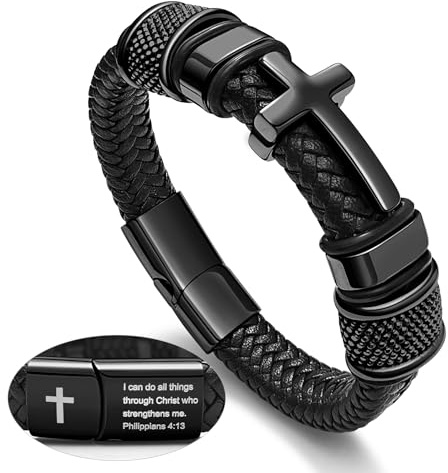 Black Cross Cuff Bracelet for Men,Philippians 4:13 Stainless Steel Braided Leather Bible Verse Jesus Bracelet, Inspirational Faith Gift for Dad Brother Son Religious Baptism Confirmation Gifts 8.3inch