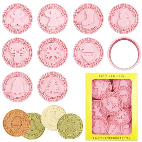 9pcs 3D Pressable Christmas Cookie Stamps, Christmas Cookie Cutter Set, Plastic Cookie Stamps, Round Shape Cookie Stamp, for Holiday Baking, Pastry, Donut, Fondant, Sugarcraft, DIY Christmas Party