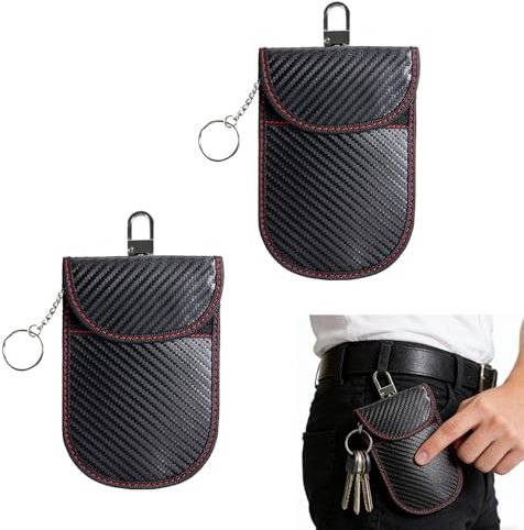 Chiave per Auto, Confezione da 2 Borse Faraday, Custodia Protettiva RFID Blocker in Pelle con Fibra di Carbonio, Protezione Anti-Radiation e Antifurto, Compatibile con Chiavi Auto Keyless Go
