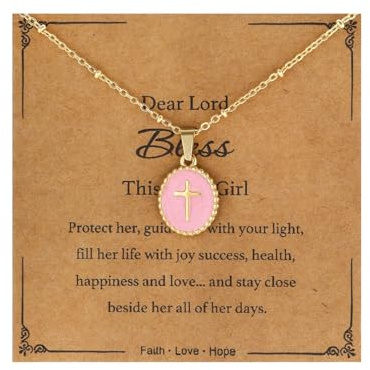 enasal Christian Gifts Cross Necklace for Girls, First Communion Baptism Confirmation Easter Gifts for Teen Girls Kids, Christian Gold Necklace Jewelry for Teenage Daughter Niece Friends (Pink)