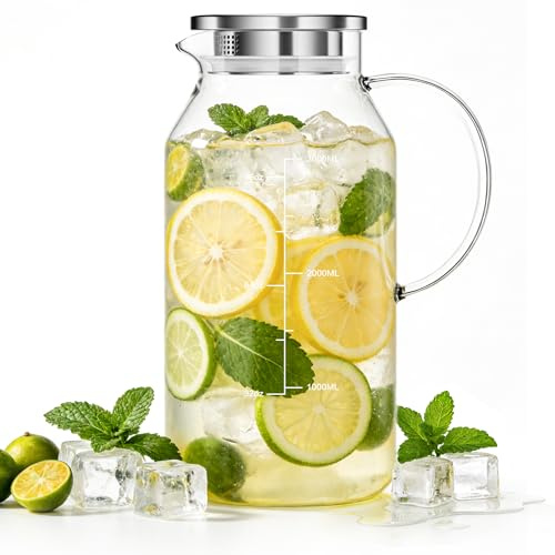 Aofmee Water Jug with Lid, 3.8L 128oz Glass Jug with Lid, Leak Proof Sangria Jugs, Borosilicate Glass Pitcher, Carafe for Ice Tea, Hot Cold Water, Wine, Coffee, Milk & Juice Beverage | Thickened Borosilicate Glass Iced Tea Pitcher, Drip-free Spout, Heat Resistant, Stovetop Dishwasher Safe Jug Jar