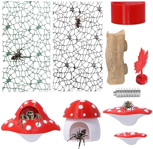 Hollima 9 Pcs 3D Jumping Spider Enclosure Accessories Set, Red Magnetic Jumping Spider Mushroom Platforms, Climbing Net Trunk Hideouts for Small Pets Terrarium Decor