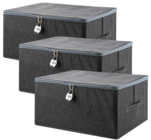 Ghligna 3 Pack Lock Box with Combination Lock - Cationic Fabric Storage Boxes with Lids, Lockable Storage Box Organiser for Clothes, Documents, Medicines, Valuables, Toys, Grey (40 x 30 x 21 cm)