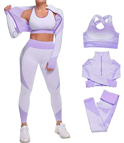 Veriliss 3-Set Completo Sportivo Palestra Donna, Fitness Completo, Workout Abbigliamento Oceans Cappotto Reggiseno Sportivo Ghette