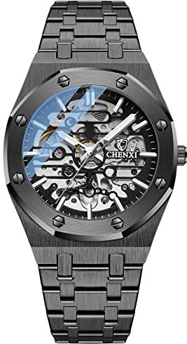 rorios Herrenuhren Automatische Mechanische Uhr Leuchtend Uhr mit Edelstahl-Armband Skelett Militär Armbanduhr