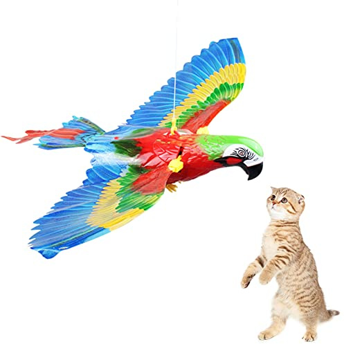 Simulierte Vögel hängende Haustierspielzeug,Elektrisches Fliegendes Vogel Katzenspielzeug,Interaktives Katzenspielzeug,360-Grad-Drehung Katzenspielzeug,Ton und Licht,Geburtstag Für Katzen (Papagei)