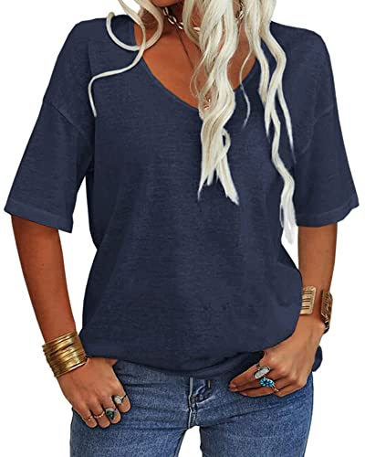Tankaneo T-Shirt pour Femme avec Col en V, Manches Courtes, Casual, Large, Estival, Demi-Manches, Oversize, T-Shirt Tunique, Dunkelblau, X-Large