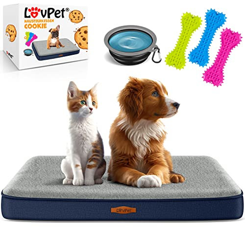 Lovpet® Hundebett orthopädisches Hundekissen Hundekorb Cookie, Inkl. Napf + 3X Kauknochen, Hundesofa für Kleine, Mittelgroße & Große Hunde, Bezug abnehmbar und waschbar, M 76x51x7,6 cm Navyblau