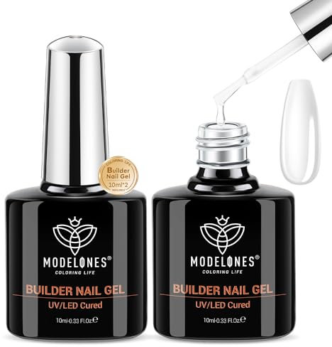 Modelones Builder Gel Set, 2 Pcs 10ml Clear Nail Extension Gel, Strengthener in a Bottle, LED Lamp Cured Hard Gel