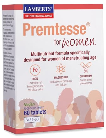 Lamberts Premtesse® Mujeres | 60 Tabletas | Apto para Veganas | Sin Gluten | Sin OGM | 21 Nutrientes Mujeres en Edad Menstrual | Hierro + Magnesio + Cromo + B6 P5P | Calidad Farmacéutica GMP