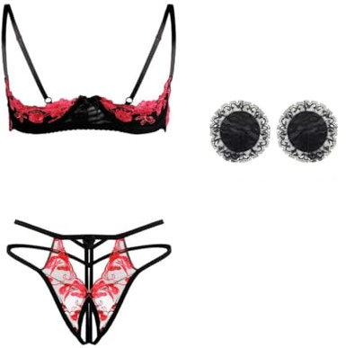 KFLY Bra and Panties Set Lace Floral Embroidery Lingerie Set 1/4 Cup Push Up Shelf Bra with Thong Nipple Covers 3 Pieces Underwear Nightwear for Valentine's Day Anniversaries (Red)