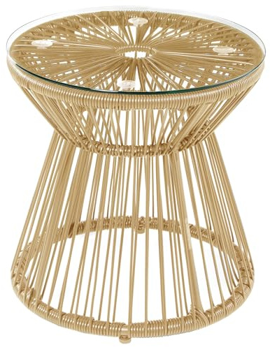Outsunny Outdoor Coffee Table, Round PE Rattan Side Table with Tempered Glass Table Top, Hollow Drum Design for Garden, Balcony, Patio, Natural Wood Finish