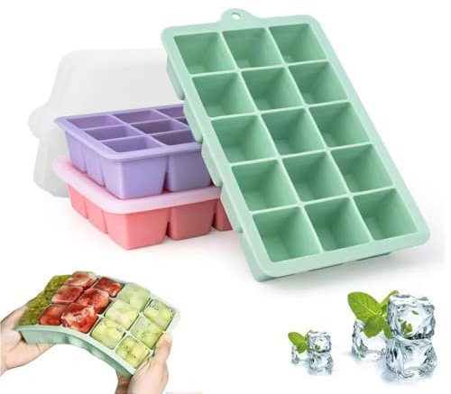 Ice Cube Tray with Lid Silicone Ice Cube Mold, 3 Packs 45 Cubes, Silicone Ice Cube Trays Large Reusable BPA Free Ice Cube Molds for Whiskey, Cocktail, Drinks&Baby Food, Freezer, Souper