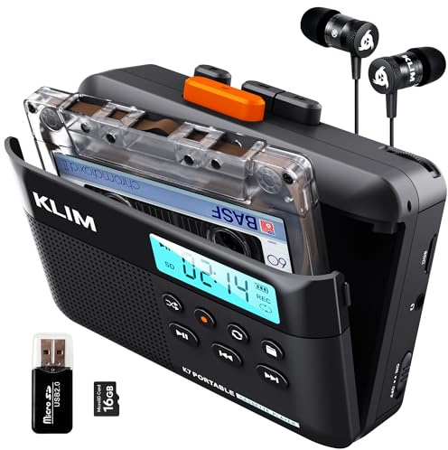 KLIM K7 Cassette Tape Player - Cassette to MP3 Converter - Portable Cassette Player - Tape Recorder with Built-in Microphone & Speaker - Rechargeable Battery - Earphones - 16GB SD Card - Black-Orange