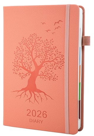 Dagbok 2026 per sida från jan 2026 till dec 2026, 12-månaders produktivitetsplanerare med färgglada flikar, 3 innerfickor för bokmärken, 15 cm x 21 cm (rosa)