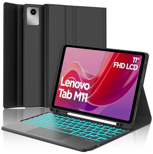 Coque Clavier pour Lenovo Tab M11 11 Pouces avec Pavé Tactile, AZERTY Français Clavier Bluetooth Magnétique Détachable avec 7 Couleurs Rétroéclairées pour Tablette Lenovo Tab M11 11 2024, Noir