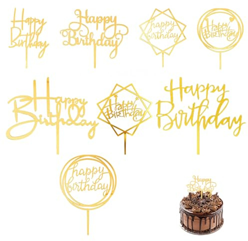 Happy Birthday Cake Topper, Gold Personalised Various Cakes Supplies, 8Pcs
