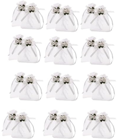 LIFKICH Organzasäckchen Praktisch zum Aufbewahren von Schmuck Weiße mit Kordelzug 50 Stück und Rosenverschluss Elegante Schmuckbeutel für Hochzeitsbonbons