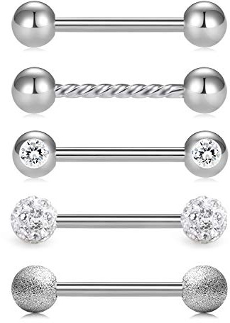 FECTAS 5stk Zungenpiercing Barbell Brustwarzenpiercing Bar Set Chirurgenstahl 14 Gauge 14mm Stablänge Piercing Schmuck