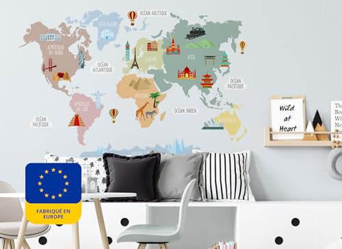 Osomhome Wandtattoo Weltkarte Monumente Pastellfarben (120x80cm) | World Map Wall Decoration Wandsticker | Deco Kinderzimmer Junge & Mädchen | Wandaufkleber Wandbild Kinderbilder Wandtattoo os5046