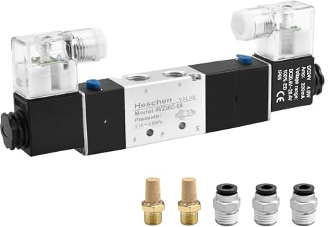 Heschen Válvula solenoide neumática eléctrica 4V230C-08 24VDC PT1/4 5 vías | Controlador direccional de flujo de aire, bloque colector central cerrado, juntas de latón incluidas y silenciadores para un