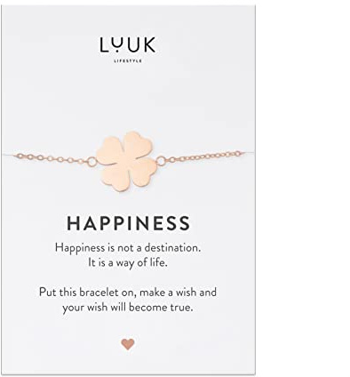 LUUK LIFESTYLE Moderne Edelstahl Damen Armbänder mit Anhänger, HAPPINESS Spruchkarte, filigraner Damenschmuck, Geschenkidee, Glücksbringer, Gold, Silber und Roségold