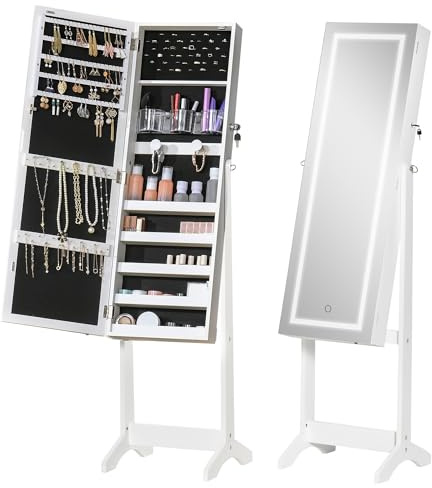 HOMCOM Armoire à bijoux LED avec miroir sur pied range bijoux avec éclairage à écran tactile blanc