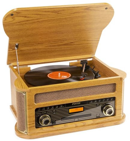 Fenton Memphis, Kompaktanlage mit Plattenspieler Retro, Bluetooth, CD, MP3, DAB+ Radio, Kassettenpieler, Retro Schallplattenspieler mit DAB Radio, FM, USB, Braun