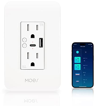 MOES Smart USB Wall Outlet Receptacle with Type-C & Type-A Charger, 2.4GHz Wi-Fi in-Wall Plug Socket, Remote Individual Control On/Off 15Amp, No Hub Required
