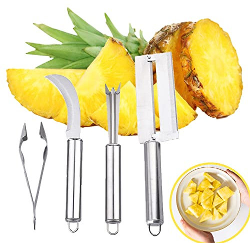 ZLMC Ananasschäler-Entferner, Edelstahl, Ananas-Augenclip und V-förmiger Ananas-Augenschneider, Zuckerrohr-Peeling-Kinves für Zuhause, Küche, Obstgeschäft, Supermarkt (4 Stück)