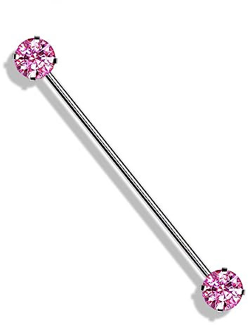 Paula & Fritz® Push-In Piercing Industrial Silber 38-mm Zirkonia Pink Chirurgenstahl 316L 1,6-mm Stab-Dicke Nipple Gewindelos Straight Barbell Bridge