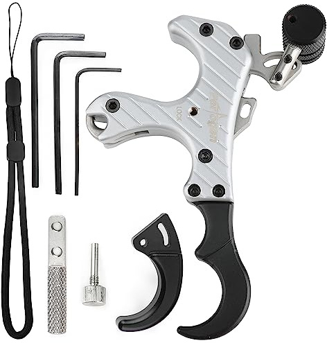 surwolf Compound Bogen Bogenschießen Release Aids mit D-Schlaufe Seil Daumenauslöser Auslösehilfe 3/4-Finger einstellbar für Compound Bogen Zubehör RH&LH (Silber)