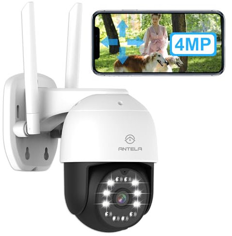 ANTELA Telecamera di Sorveglianza WiFi Esterno 4MP/2.5K, 360°PTZ con registrazione 24/7, IP65, Visione notturna a colori/IR/Smart da 50m con proiettore, Rilevamento del movimento, 2.4GHz