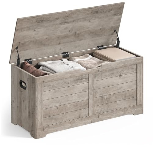 VASAGLE Sitzbank mit Stauraum, Holztruhe mit Deckel, 40 x 100 x 46 cm | Aufbewahrungstruhe, Schuhbank, für Flur, Heather Greige, SOFIE Kollektion LSB061K02