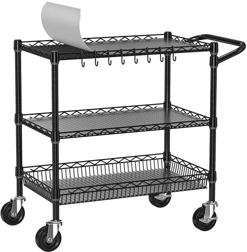Folews Heavy Duty Rolling Cart with Wheels, 3 Tier Commercial Grade Utility Cart, Metal Kitchen Storage Trolley with Handle Bar & Shelf Liner for Food Service Tool, Black