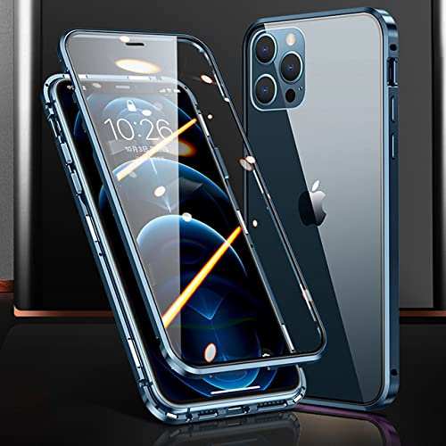 DBULIU Custodia per telefono magnetica in vetro a doppia faccia con struttura in metallo per iPhone 15 14 13 12 Pro Max X XS 8 7 14 Plus 13 12Mini copriobiettivo per fotocamera, blu, per iPhone 14