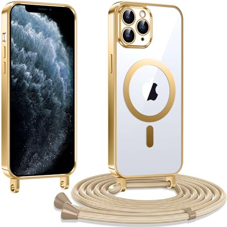 Kokio Handykette Hülle für iPhone 11 pro mit Band, Magnetische Transparent Handyhülle Kompatibel mit MagSafe, Kratzfeste Stossfest Schutzhülle mit Einstellbar Kette,Gold