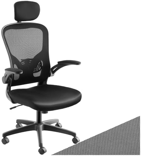 tectake® Sedia da Ufficio Ergonomica, Schienale Alto con Poggiatesta Regolabile, Sedia Ufficio con Supporto Lombare, Altezza Regolabile, Braccioli Pieghevoli, Rivestimento in Tessuto a Rete - Nero
