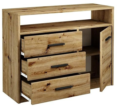 MATKAM Kommode Bodo 1D3SO, H75 x B98 x T35 cm, mit 3 Schubladen, einem Ablagefach und einem Türschrank, Griffe in Metall-Optik, Schubladen-Führungsschienen aus Metall (Artisan Eiche)