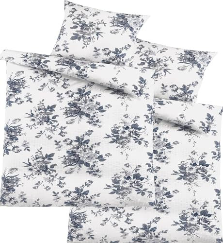 KH-Haushaltshandel 4-Piece Seersucker Bed Linen 2X (135 x 200 + 80 x 80 cm), White Grey, Flowers, Non-Iron (W415490)