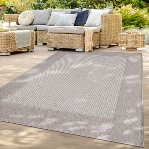 TT Home In-& Outdoorteppich Wetterfest Terrasse Balkon Esszimmer Modernes Boho Design Skandinavisch Mit Bordüre Unicolor, Farbe:Beige Creme, Größe:160x220 cm
